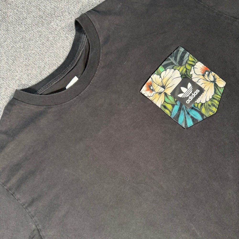 Adidas Skateboarding Men XL Black Floral Pocket T-Shirt Trefoil EC7369 #4409